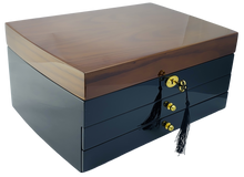 NEW Black and Solid Walnut Finish High Gloss 2-Drawer Wooden Jewellery Box L35cm