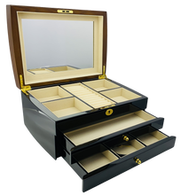 NEW Black and Solid Walnut Finish High Gloss 2-Drawer Wooden Jewellery Box L35cm