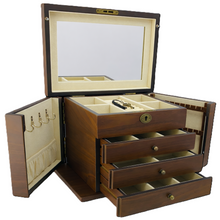 NEW European Walnut Matte Finish Wood Jewellery Box with Side Panels, Length 29cm