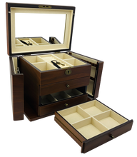 NEW European Walnut Matte Finish Wood Jewellery Box with Side Panels, Length 29cm