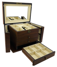 NEW European Walnut Matte Finish Wood Jewellery Box with Side Panels, Length 29cm