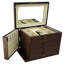 NEW European Walnut Matte Finish Wood Jewellery Box with Side Panels, Length 29cm