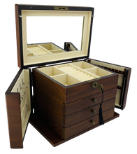 NEW European Walnut Matte Finish Wood Jewellery Box with Side Panels, Length 29cm