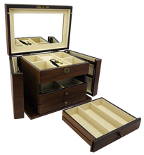 NEW European Walnut Matte Finish Wood Jewellery Box with Side Panels, Length 29cm