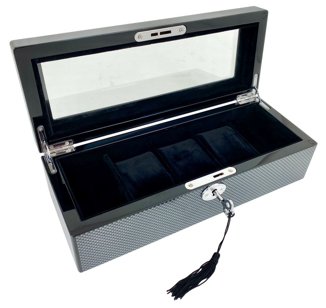 Carbon Fibre High Gloss 5-Watch Box, Length 28cm