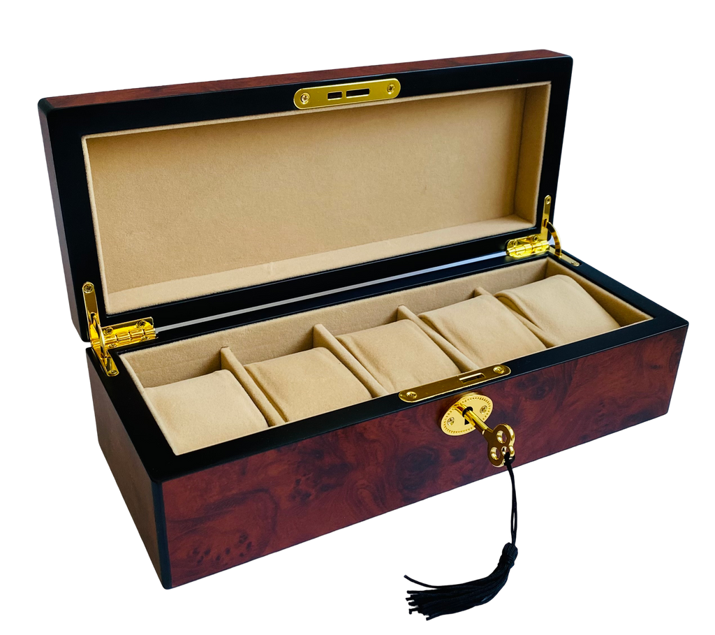 Harrowdene Maple Burl & Black Matte Key Lock 5-Watch Box L28cm