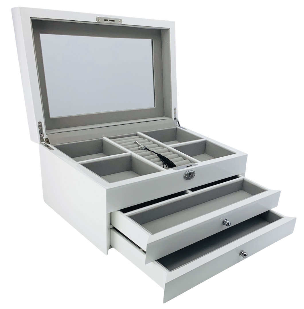 White High Gloss 2-Drawer Wooden Jewellery Box L34cm