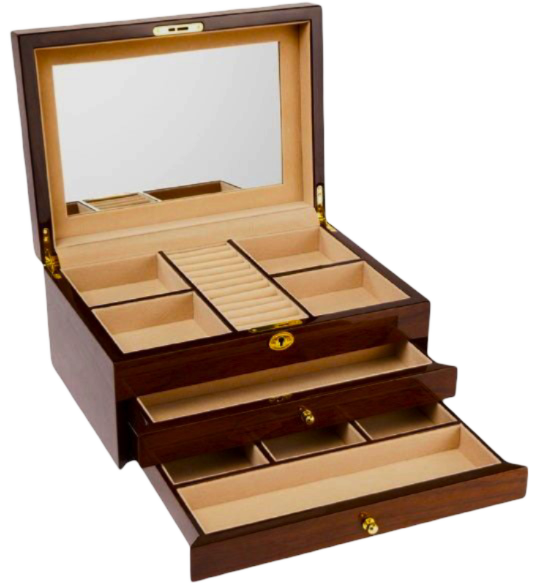 European Walnut  High Gloss Wooden Jewellery Box, Length 38cm