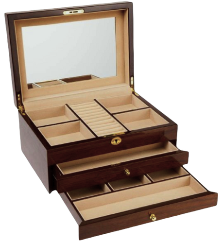 European Walnut  High Gloss Wooden Jewellery Box, Length 38cm