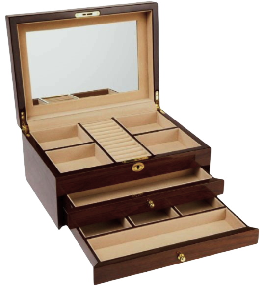 European Walnut  High Gloss Wooden Jewellery Box, Length 38cm