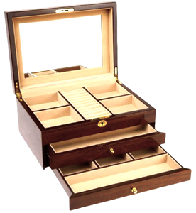 European Walnut High Gloss 2-Drawer Wooden Jewellery Box L38cm