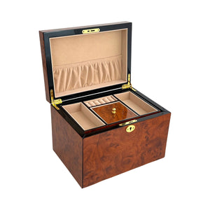 Maple Burl & Black High Gloss Wood Jewellery Box, Length 28cm
