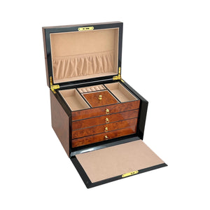 Maple Burl & Black High Gloss Wood Jewellery Box, Length 28cm