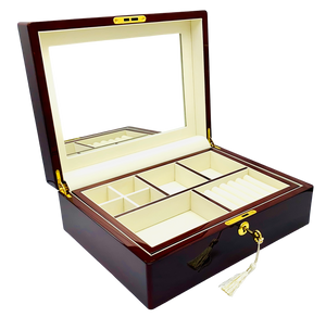 Rosewood Piano Finish Timber Jewellery Box with Liftout Tray L31cm
