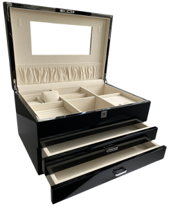 Very Large High Gloss Black Wooden Jewellery, 2-Drawers, L41cm