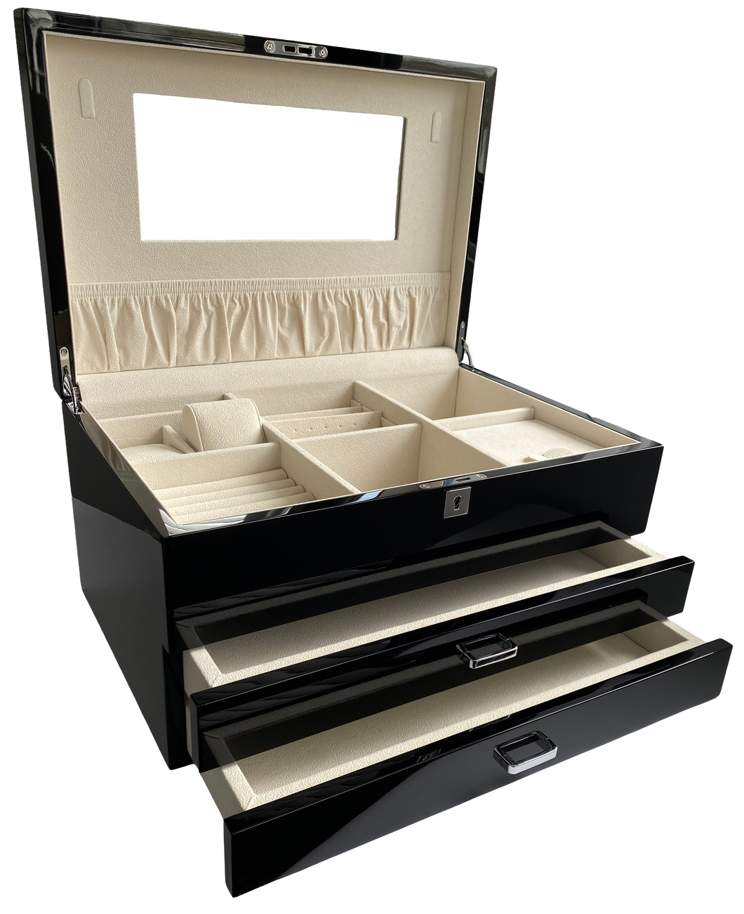 Very Large High Gloss Black Wooden Jewellery, 2-Drawers, L41cm