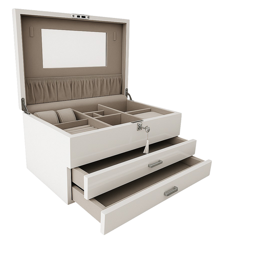 Very Large High Gloss White Wooden Jewellery, 2-Drawers L41cm