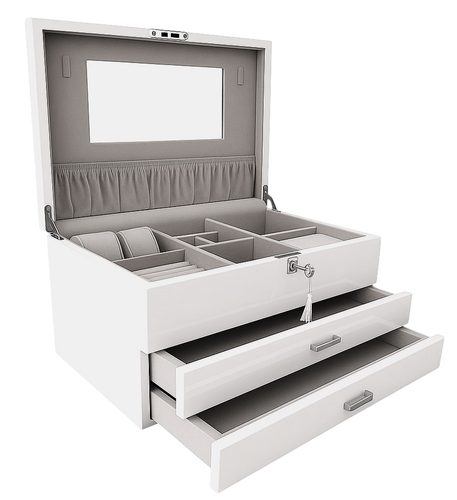 Very Large High Gloss White Wooden Jewellery, 2-Drawers L41cm