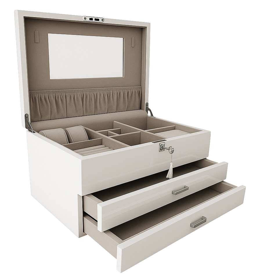 Very Large High Gloss White Wooden Jewellery, 2-Drawers L41cm