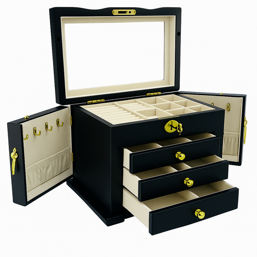 Harrowdene Matte Black Jewellery Box, 3-Drawer & 2-Side Panels L28cm