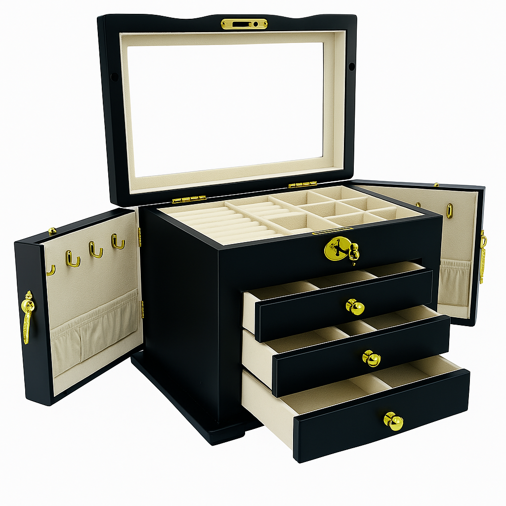 Harrowdene Matte Black Jewellery Box, 3-Drawer & 2-Side Panels L28cm