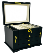Matte Black Jewellery Box, 3-Drawer & 2-Side Panels L28cm