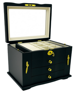 Harrowdene Matte Black Jewellery Box, 3-Drawer & 2-Side Panels L28cm
