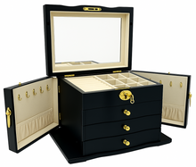 Harrowdene Matte Black Jewellery Box, 3-Drawer & 2-Side Panels L28cm