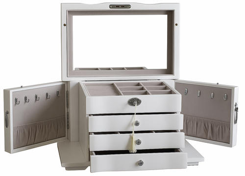Harrowdene Matte White Jewellery Box, 3-Drawer and 2-Side Panels L28cm