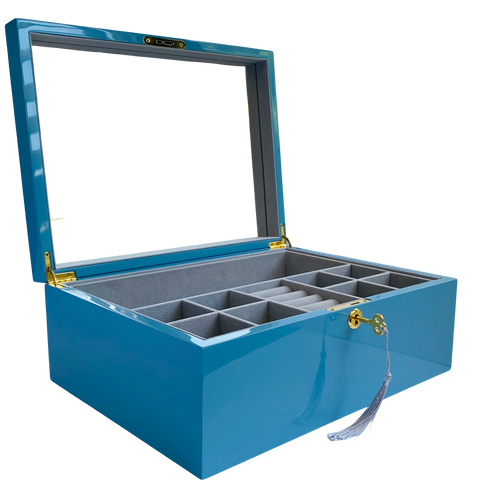 Blue High Gloss Wood Jewellery Box L35cm