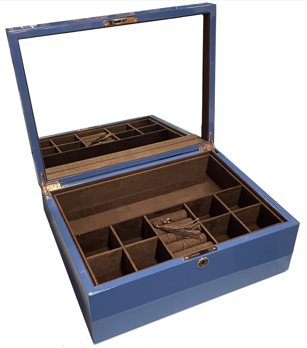 Mid Blue High Gloss Wood Jewellery Box L35cm