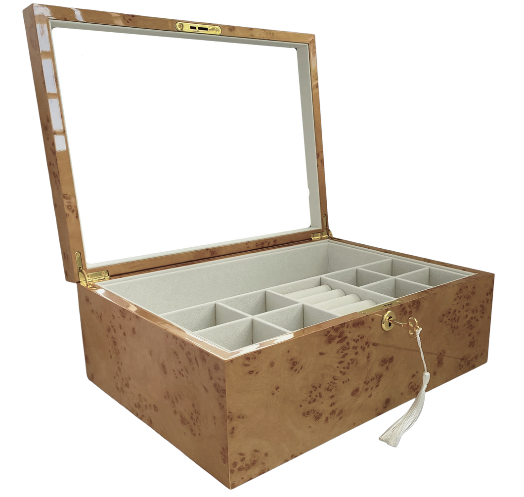 Oak Burl High Gloss Wood Jewellery Box L35cm