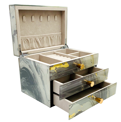 Grey Marble Glass 2-Drawer Jewellery Box L22cm