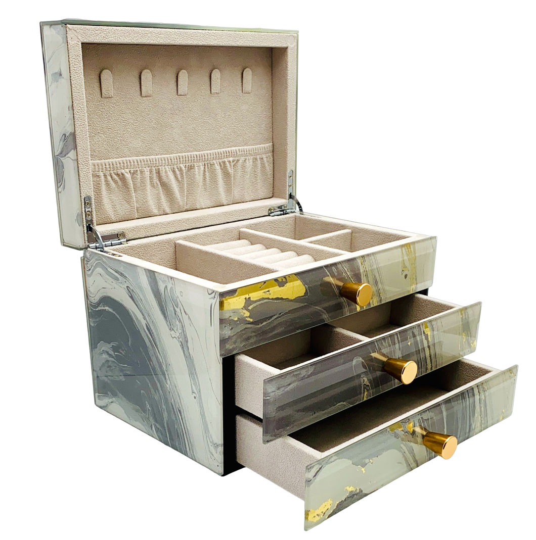 Grey Marble Glass 2-Drawer Jewellery Box L22cm