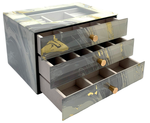 Grey Marble Glass 3-Drawer Jewellery Box L26cm