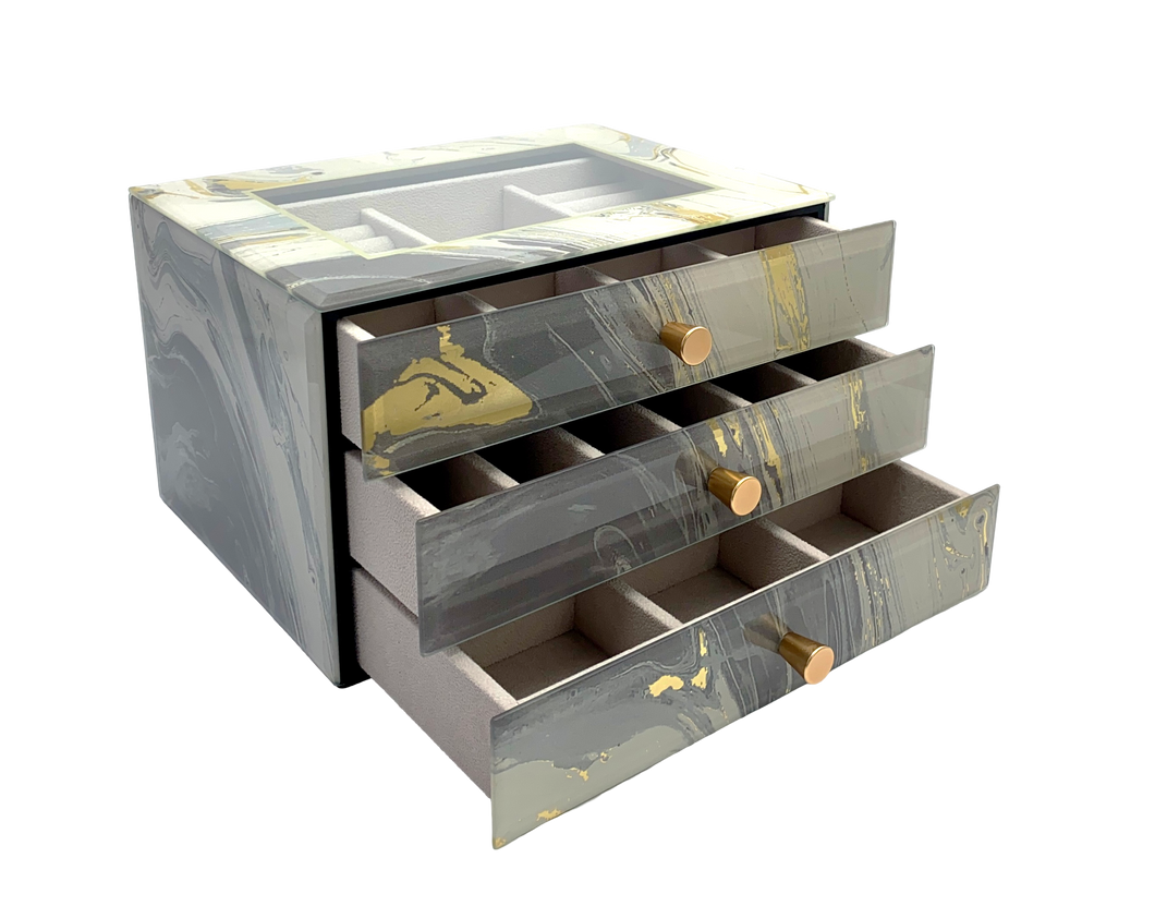 Grey Marble Glass 3-Drawer Jewellery Box L26cm