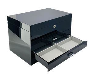 Very Large Black High Gloss 3-Drawer Wooden Jewellery Box with Liftout Tray L35cm