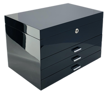 Very Large Black High Gloss 3-Drawer Wooden Jewellery Box with Liftout Tray L35cm