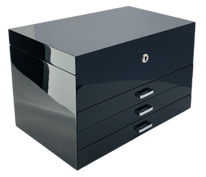 Very Large Black High Gloss 3-Drawer Wooden Jewellery Box with Liftout Tray L35cm