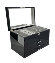 Very Large Black High Gloss 3-Drawer Wooden Jewellery Box with Liftout Tray L35cm
