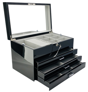 Very Large Black High Gloss 3-Drawer Wooden Jewellery Box with Liftout Tray L35cm