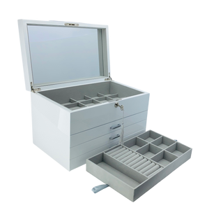 Very Large White High Gloss 3-Drawer Wooden Jewellery Box with Liftout Tray L35cm