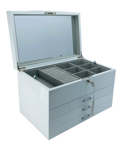 Very Large White High Gloss 3-Drawer Wooden Jewellery Box with Liftout Tray L35cm