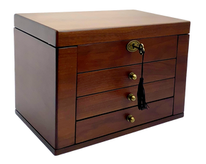 European Walnut Matte Finish Wood Jewellery Box, Side Panels L29cm