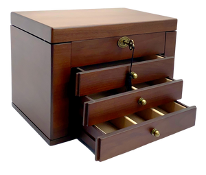 European Walnut Matte Finish Wood Jewellery Box, Side Panels L29cm