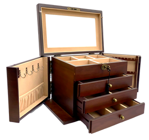 European Walnut Matte Finish Wood Jewellery Box, Side Panels L29cm