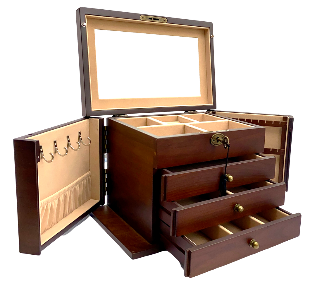 European Walnut Matte Finish Wood Jewellery Box, Side Panels L29cm