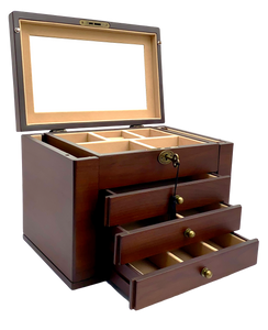 European Walnut Matte Finish Wood Jewellery Box, Side Panels L29cm