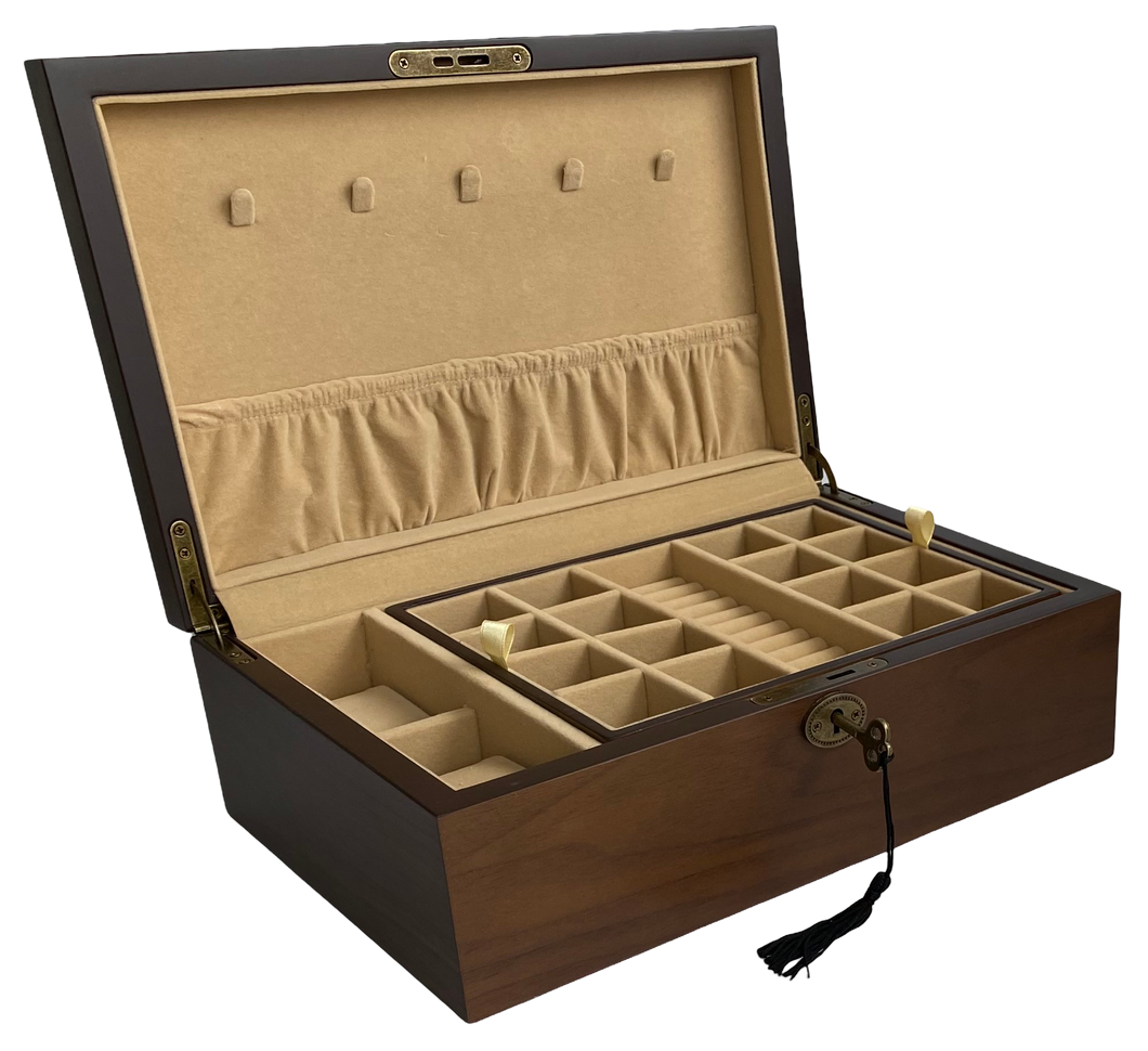 European Walnut Matt Finish Wood Jewellery Box, Length 30cm