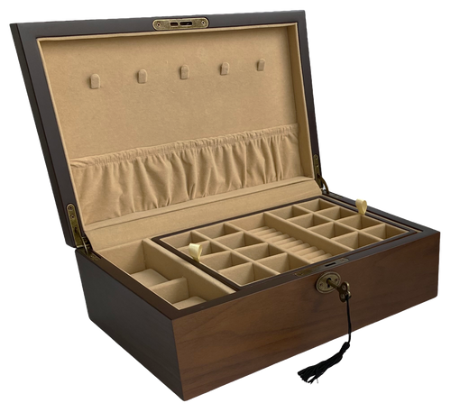 European Walnut Matte Finish Wood Jewellery Box, Length 30cm